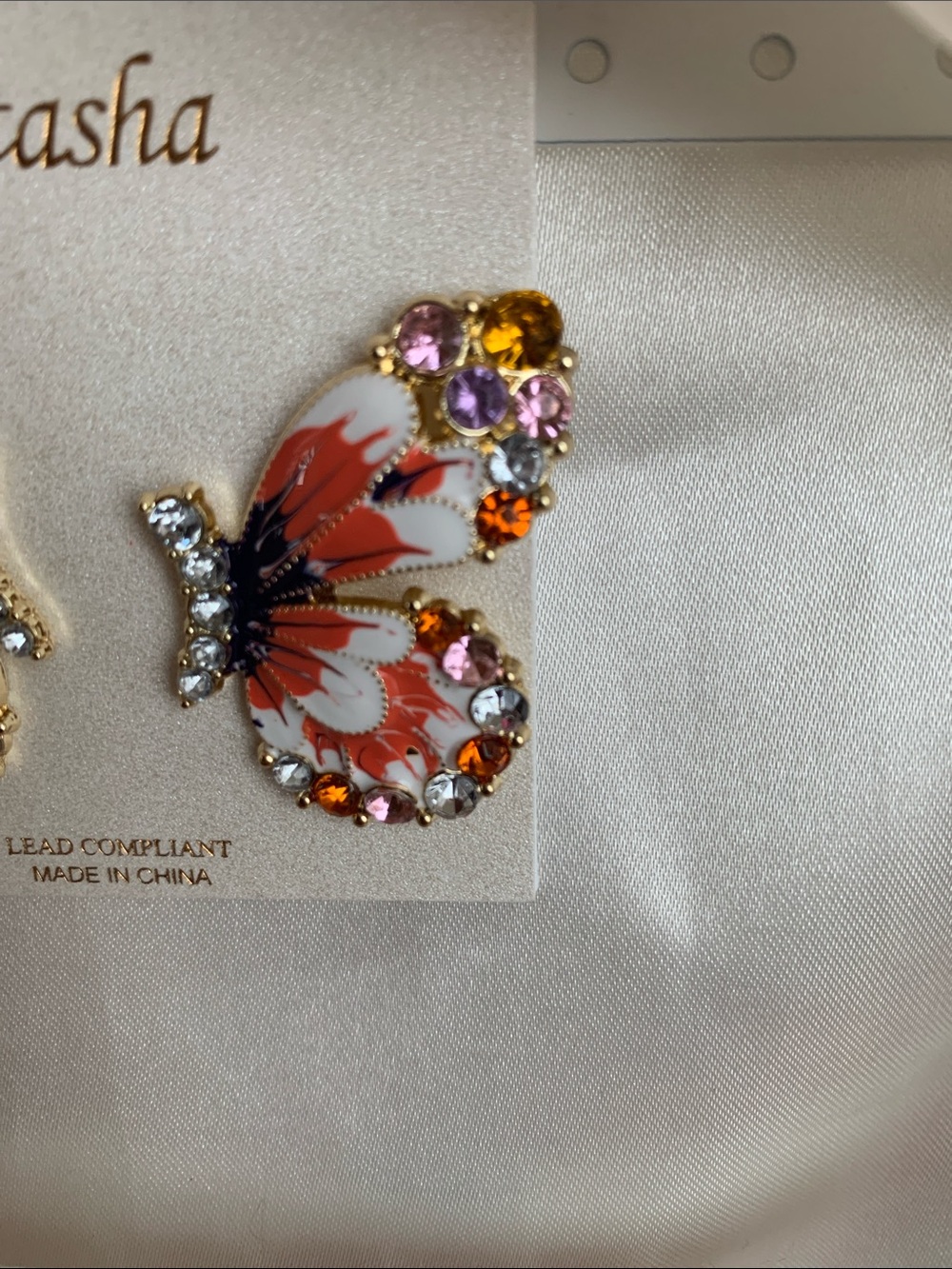 Natasha Couture Orange, White & Pink Butterfly Crystal Earrings - Picture 3 of 8